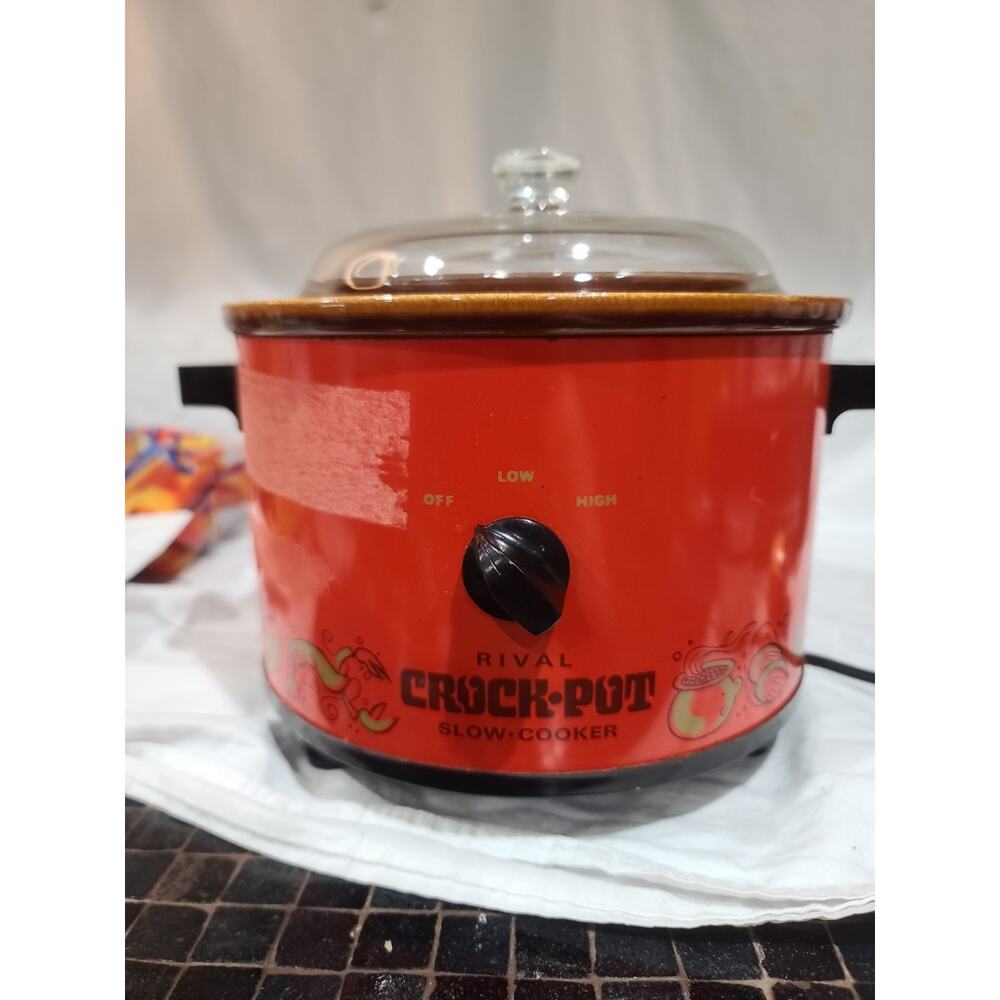 Rival Crock-Pot Orange w Lobster & Veggie Border Retro Kitchen Slow Cooker Vtg